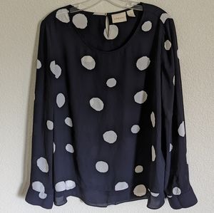 Chico's Navy White Polka Dot blouse, Size 2 (L)